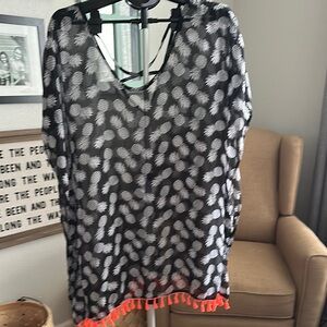 No Boundaries Black and White Pineapple Cover-Up with Orange Trim